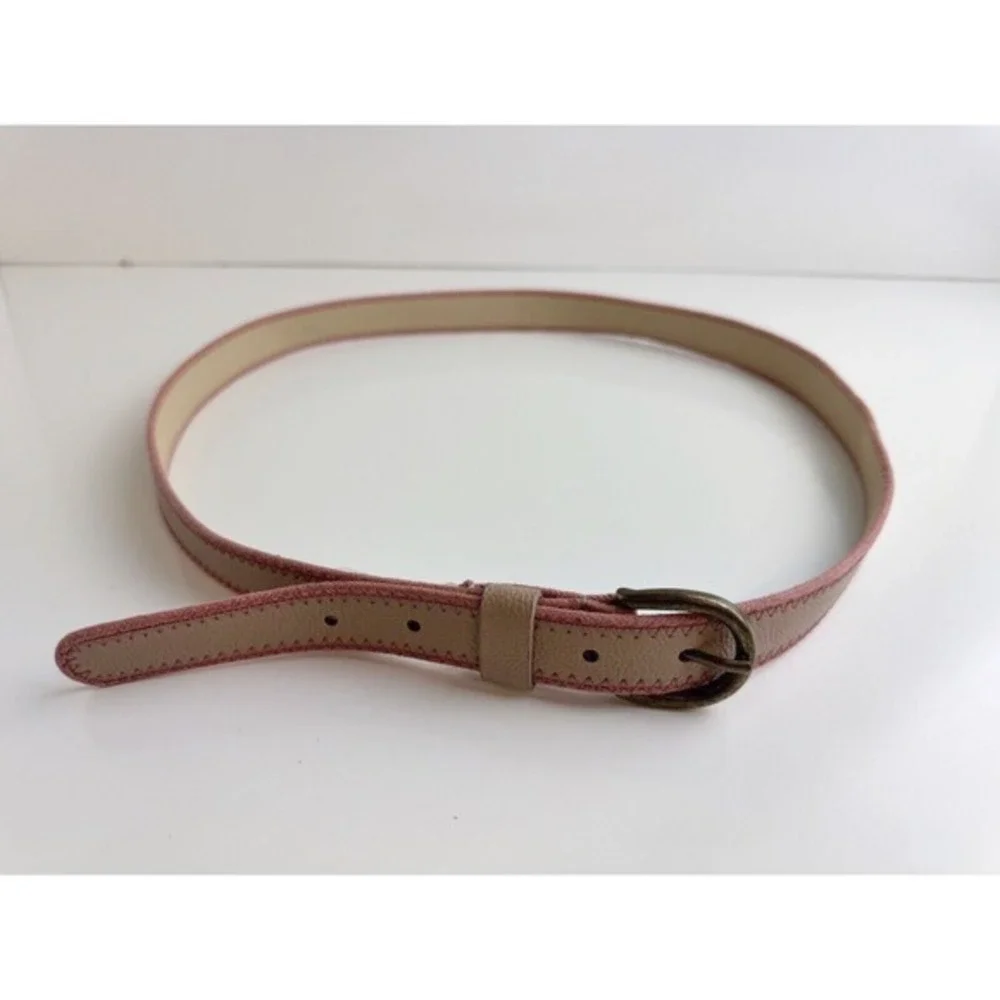 LOFT Skinny Belt Beige Tan Pebbled Faux Leather Pink Whipstitch‎ S Preppy 47-66